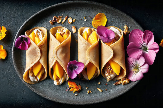 Banana crepe rolls are filled with mango, lychee, and cream cheese. They are placed on a dark plate and garnished with fruits and colorful textures in a cafe setting