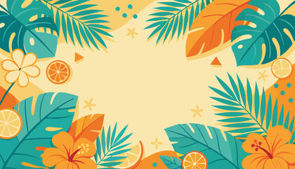 Vibrant Tropical Summer Background Featuring Exotic Jungle Leaves Hibiscus Flowers and Sliced Citrus Fruits © GILANG YUDA ALYAHYA