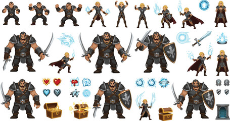 Fantasy RPG game character sprite sheet featuring warrior orc and mage elf with combat animations and UI icons © Mohammad