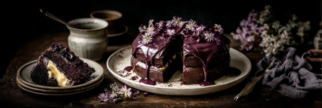 A chocolate cake topped with berry glaze sits on a dark table. A slice is cut and placed on a nearby plate. Flowers and utensils surround the cake during a gathering in the afternoon