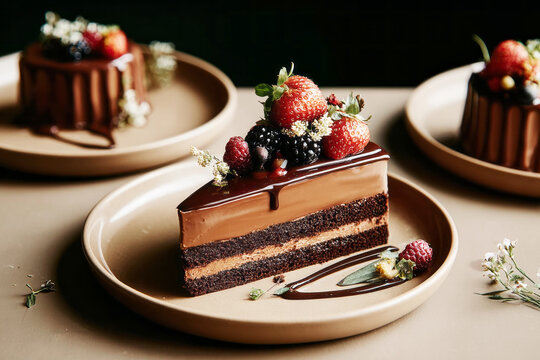 A chocolate cake topped with a smooth chocolate cream and a glossy berry glaze is placed on a plate. Fresh berries and decorative details add charm to the dessert in a cafe