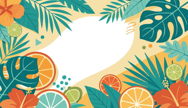 Tropical Summer Floral Background with Fresh Citrus Fruits and Vibrant Botanical Leaves for Seasonal Design
