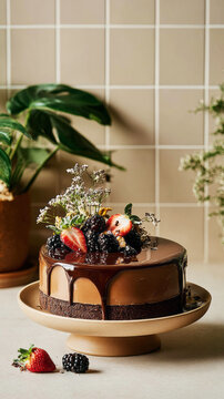 A chocolate cake topped with a smooth chocolate cream and a glossy berry glaze is placed on a plate. Fresh berries and decorative details add charm to the dessert in a cafe