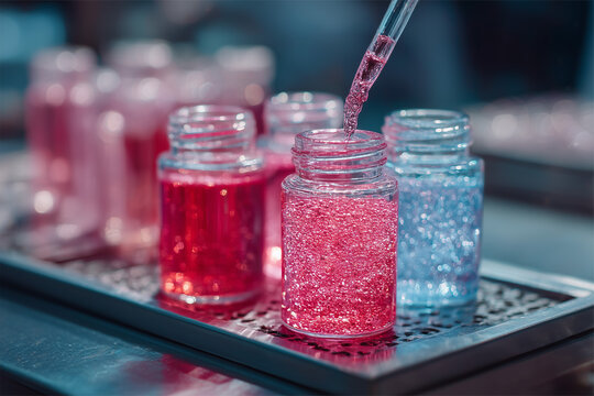 Scientific laboratory glass vials containing colorful cosmetic formulations for skincare research and beauty product development. Cosmetic science and biotechnology concept.