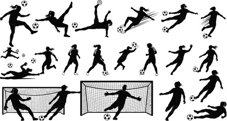 Female soccer player silhouette bundle with women football athletes kicking passing dribbling shooting and goalkeeper saving goals collection © Mohammad