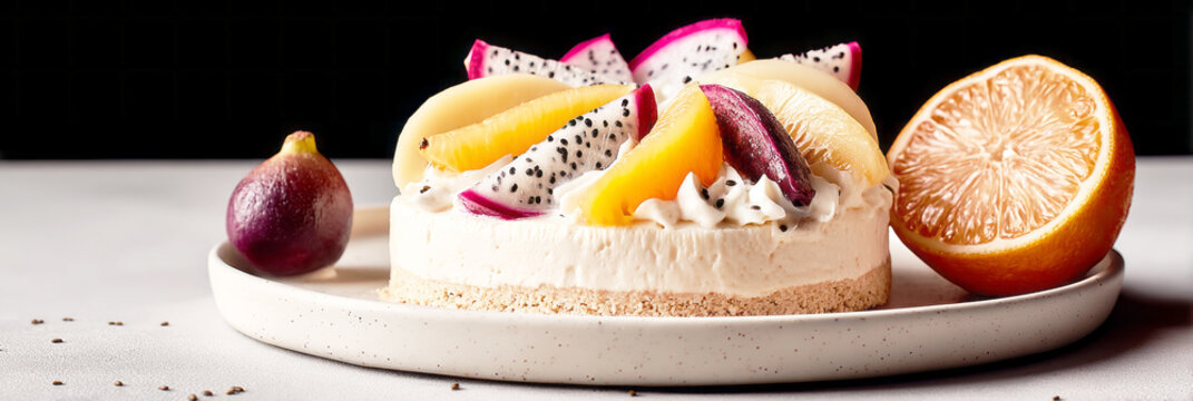A cheesecake sits on a plain white plate. It has a glossy marble finish and is topped with fresh berries and mango. This dessert is served at a cafe during the afternoon