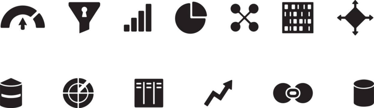 Computing and Systems Engineering Elements Set. Database and business analytics vector icon set, filled symbols of server storage, big data processing and charts.