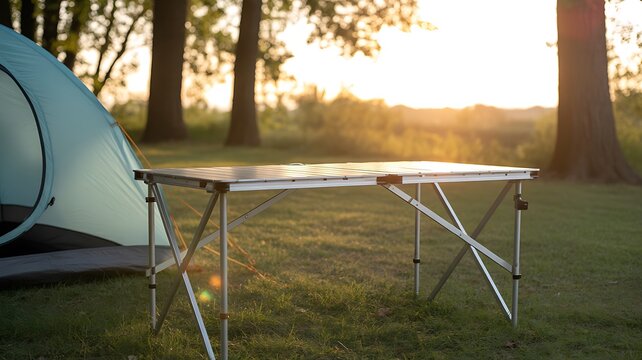 Camping tent and folding table in a peaceful outdoor setting at sunset