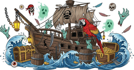 Haunted ghost pirate ship vector illustration featuring zombie hands scarlet macaw parrot skulls and treasure chests in stormy waves © Mohammad