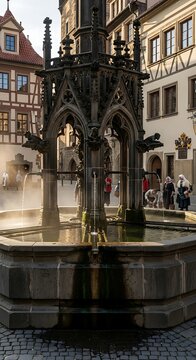 Ornate Gothic Fountain Standing in Historic European Town Square