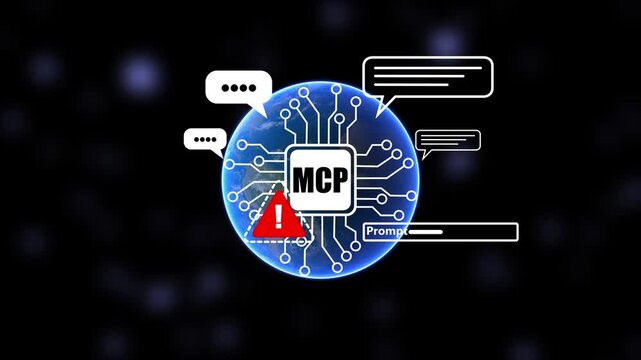 MCP Artificial Intelligence Chip with Global Network, Prompt Interface, Warning Alert, Chat Bubbles, AI Communication, Machine Learning, Digital Technology Concept on Dark Background.
