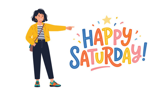 Cheerful Young Woman in Yellow Jacket Pointing at Happy Saturday Text with Colorful Confetti and Sparkling Stars