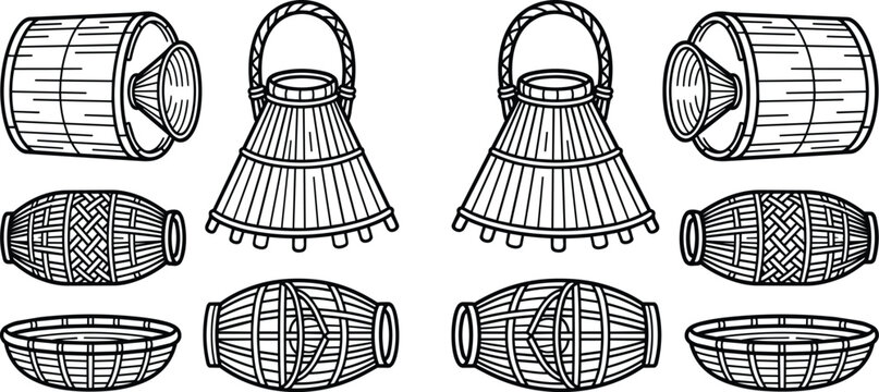 Variety of traditional handcrafted bamboo fishing traps and baskets, used in Asian fishing practices.