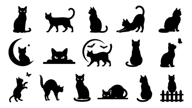 Black cat silhouettes set with various poses and shapes