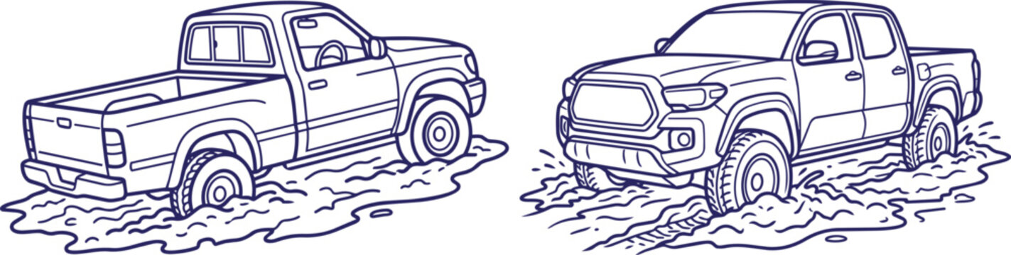 Two pickup trucks stuck in mud, driving through difficult terrain, off road adventure, rough and muddy conditions.