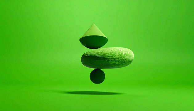 Abstract Balance of Geometric Shapes and Organic Forms in Vibrant Green Studio Lighting