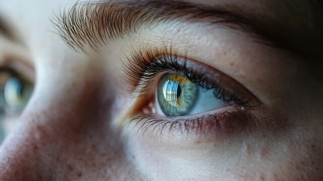 The is a close-up of a person's face showing their blue eyes. The focus is on the iris and pupil with an out of focus background.