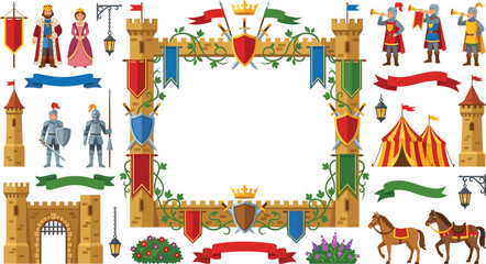 Medieval castle border frame vector set with flat cartoon king queen knights shield swords towers horses and  © Mohammad