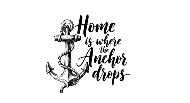 Black Nautical Anchor Illustration with Home Lettering on White Background