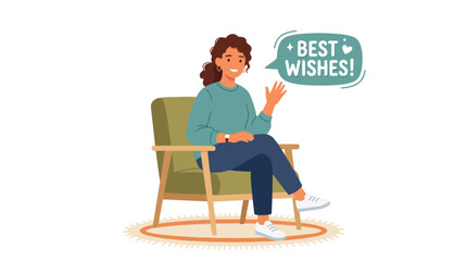 Fototapeta premium Happy Woman Sitting in Armchair Waving and Sending Best Wishes Greeting with Speech Bubble Flat Illustration Design