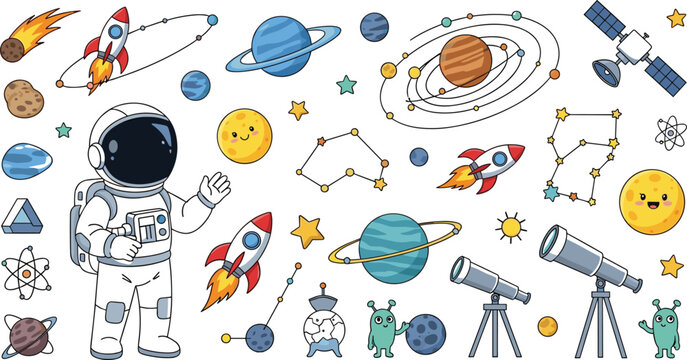 Outer space cartoon vector element set featuring astronaut rockets planets stars telescopes solar system and cute alien characters