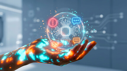 Fototapeta premium Futuristic Artificial Intelligence Digital Technology Concept With Glowing Data Processing Icons Held In Hand