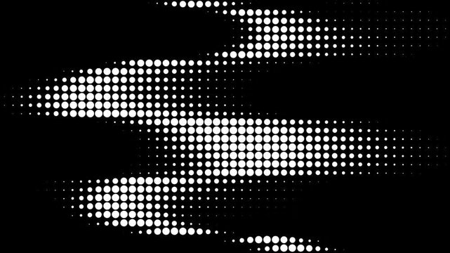 Abstract horizontal halftone animation, seamless monochrome dot waves, white circle gradient on black background, futuristic technology motion, modern geometric loop, digital texture video