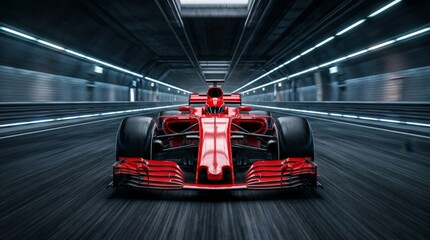 Naklejka premium A high-speed red race car drives through a sleek, well-lit tunnel, evoking thrill and modernity.