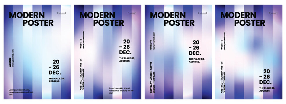 Four modern vertical posters featuring abstract colorful gradients with bold black typography and clean layouts for professional event marketing purposes