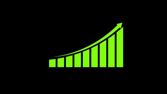 Light Green Business Growth Bar Chart with Upward Curved Arrow Animation on Black Background Seamless Loop Motion Graphics