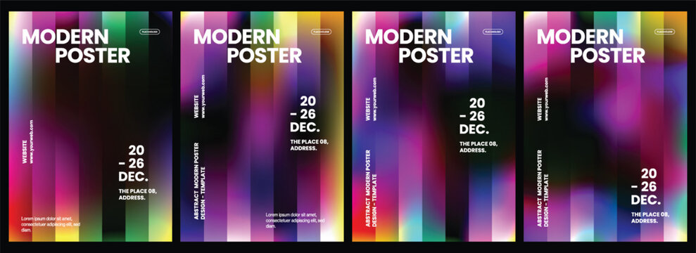 Four modern abstract poster templates featuring vibrant vertical gradients with bold white typography for professional event promotion and creative advertising designs