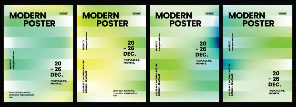 Four modern minimalist poster templates featuring gradient backgrounds with clean typography and professional layout for creative business event marketing promotional materials