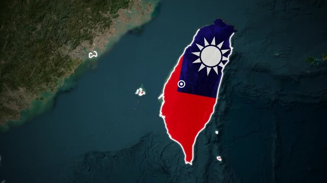 Taiwan map with national flag overlay on satellite terrain background.