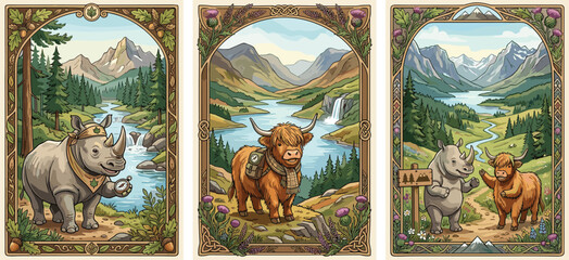 Vintage style mountain landscape posters set with rhino and highland cow traveling in scenic nature backgrounds vector illustration © Mohammad