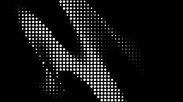 Abstract diagonal halftone animation, seamless monochrome dot pattern, flowing white circles on black background, futuristic geometric motion, digital technology texture, looping video
