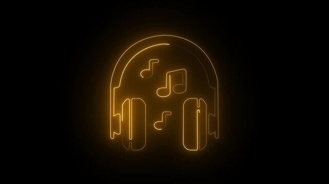 Glowing orange neon line Headphones icon animation. Neon headphones sign animation on black background , 4k