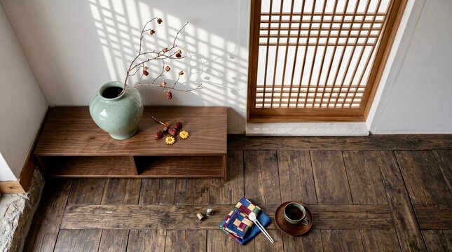 Korean Hanok Interior with Hanji Window Morning Light Shadow and Celadon Vase on Wooden Shelf