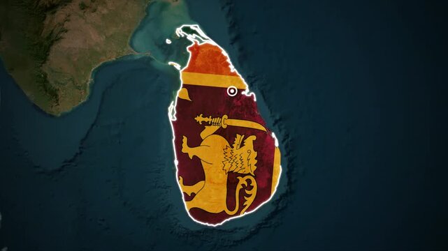 Sri Lanka map with national flag overlay on satellite terrain background.