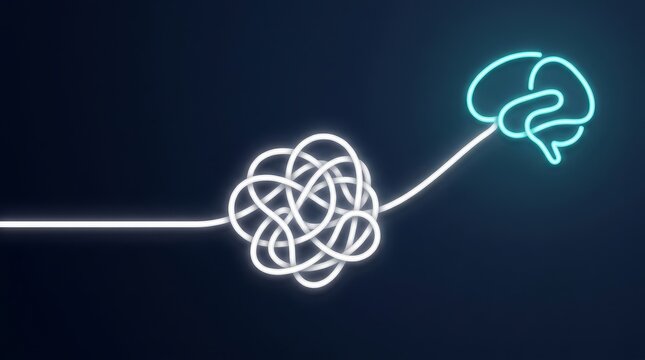 White knotted line transitions smoothly into a glowing cyan brain shape against dark background.
