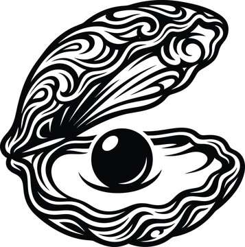 Black and white of an open oyster shell with a pearl symbol