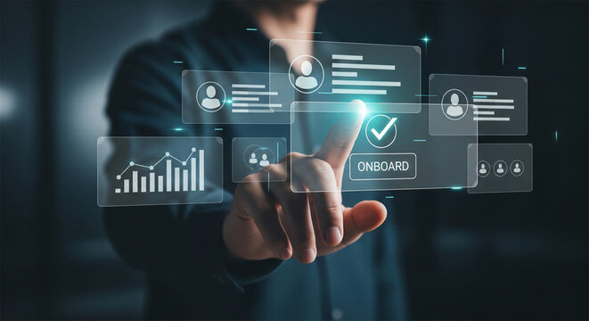 Digital onboarding process interface, businessman touching virtual HR screen, recruitment technology