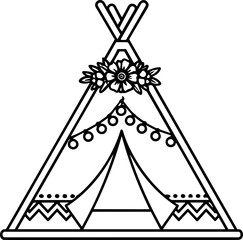 Boho tipi tent with floral garland and string lights, hand-drawn outline illustration © kumara