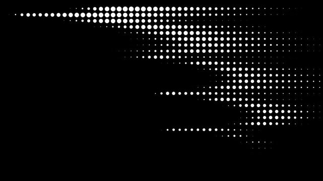 Abstract halftone dot animation, seamless monochrome circle pattern, flowing white gradient on black background, futuristic digital motion, geometric technology texture, retro print effect