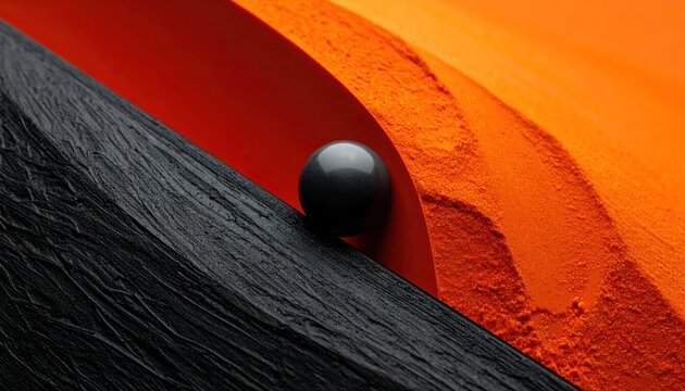 Dark sphere on black textured surface and orange sand layers