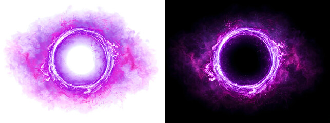 Purple fire neon circle ring with smoke and energy sparks surrounding it ideal for magical overlays and portal designs in PNG, Transparent and Black Background Versions for creative projects © Tanay