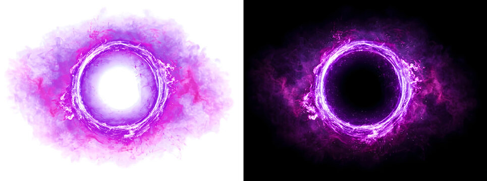 Purple fire neon circle ring with smoke and energy sparks surrounding it ideal for magical overlays and portal designs in PNG, Transparent and Black Background Versions for creative projects