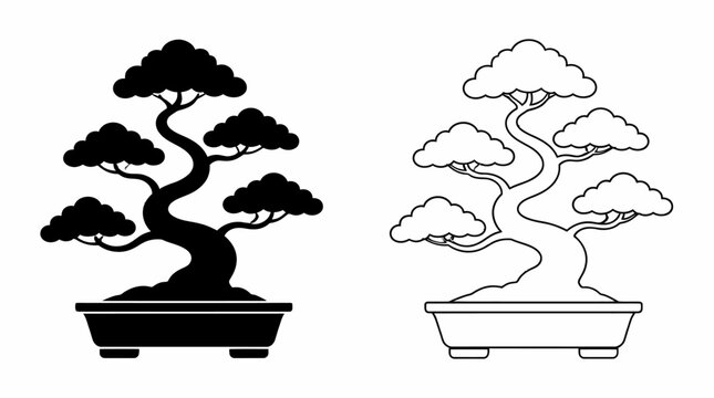 Bonsai Tree Silhouette and Outline Icon Set
