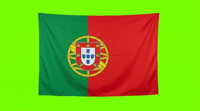 Waving Portugal flag isolated on a bright neon green background screen