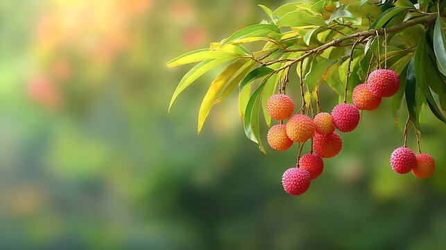 Fresh lychee fruits hanging from tree branch with green leaves in natural sunlight outdoors
