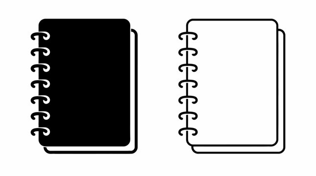 Spiral notebook icons in solid black and outline styles for UI design